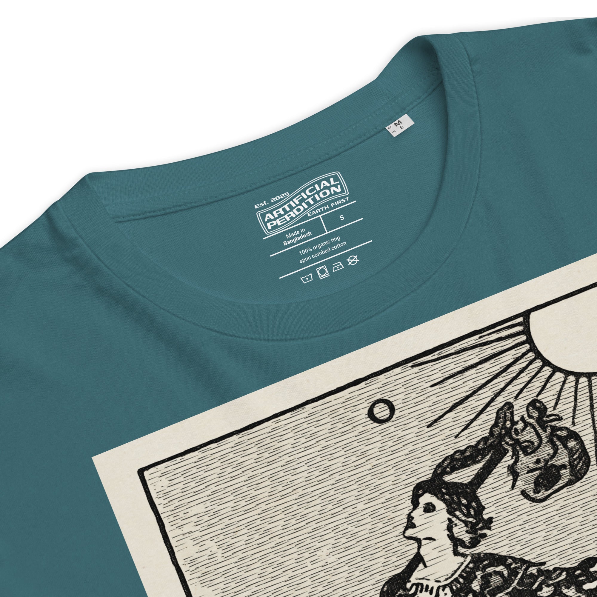 Heavyweight organic cotton t-shirt with The Fool tarot illustration rendered in modern woodcut style.