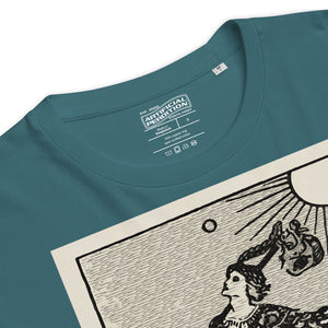 Heavyweight organic cotton t-shirt with The Fool tarot illustration rendered in modern woodcut style.