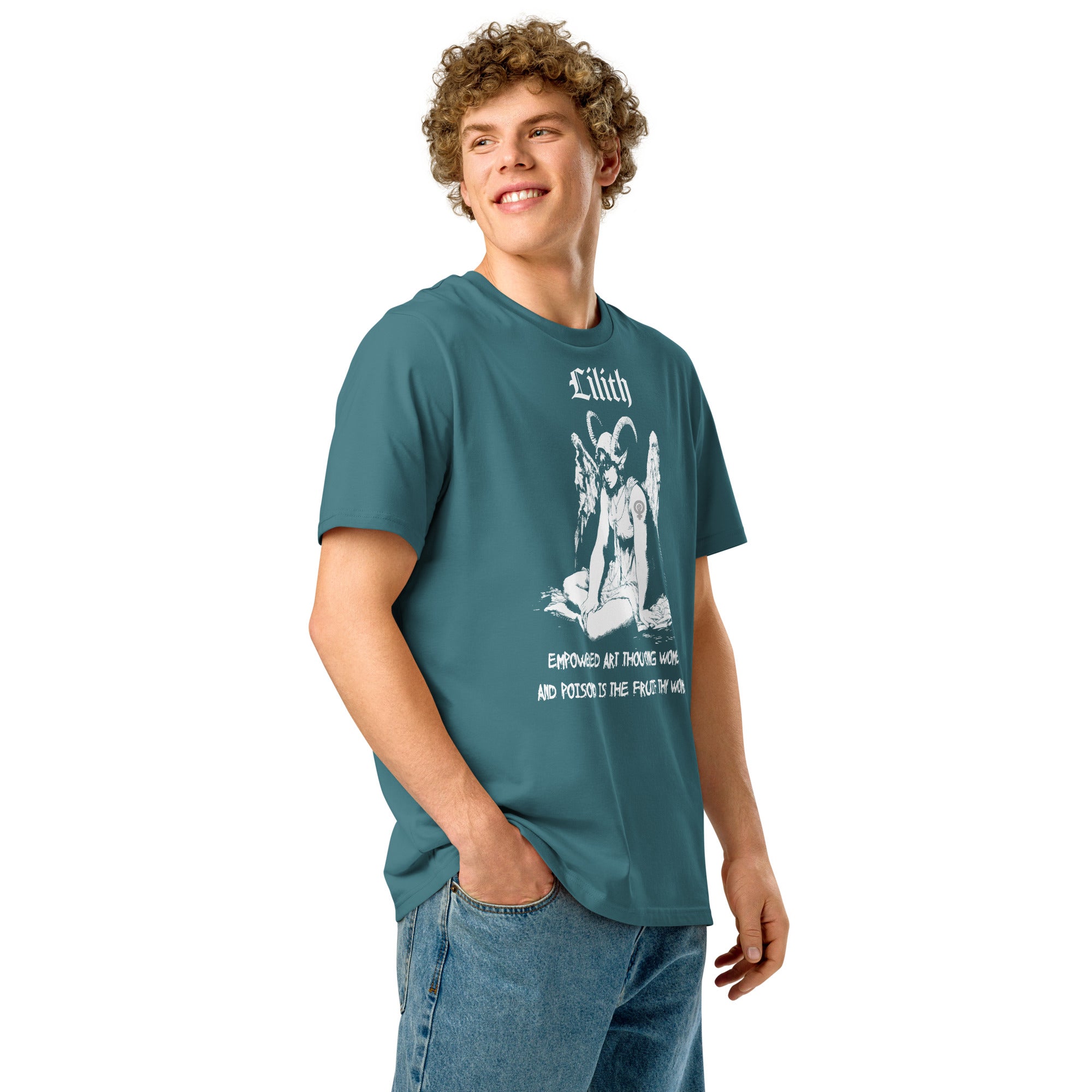 Heavyweight organic cotton t-shirt with black-and-white Lilith illustration and gothic text.