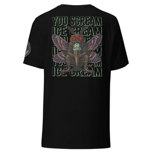 The back of a black core tee shirt features Mothman eating an ice cream cone with the repeating words "you scream | ice cream."