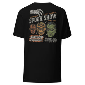 Distressed vintage poster design with Dracula, Wolfman, and Frankenstein; One Night Only type on a black t-shirt.