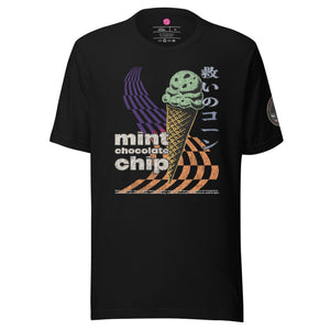 The front of a black core tee featuring the word "mint chocolate chip," an ice cream cone, and the Japanese kanji “救いのコーン," which translates to "Cone of Salvation."
