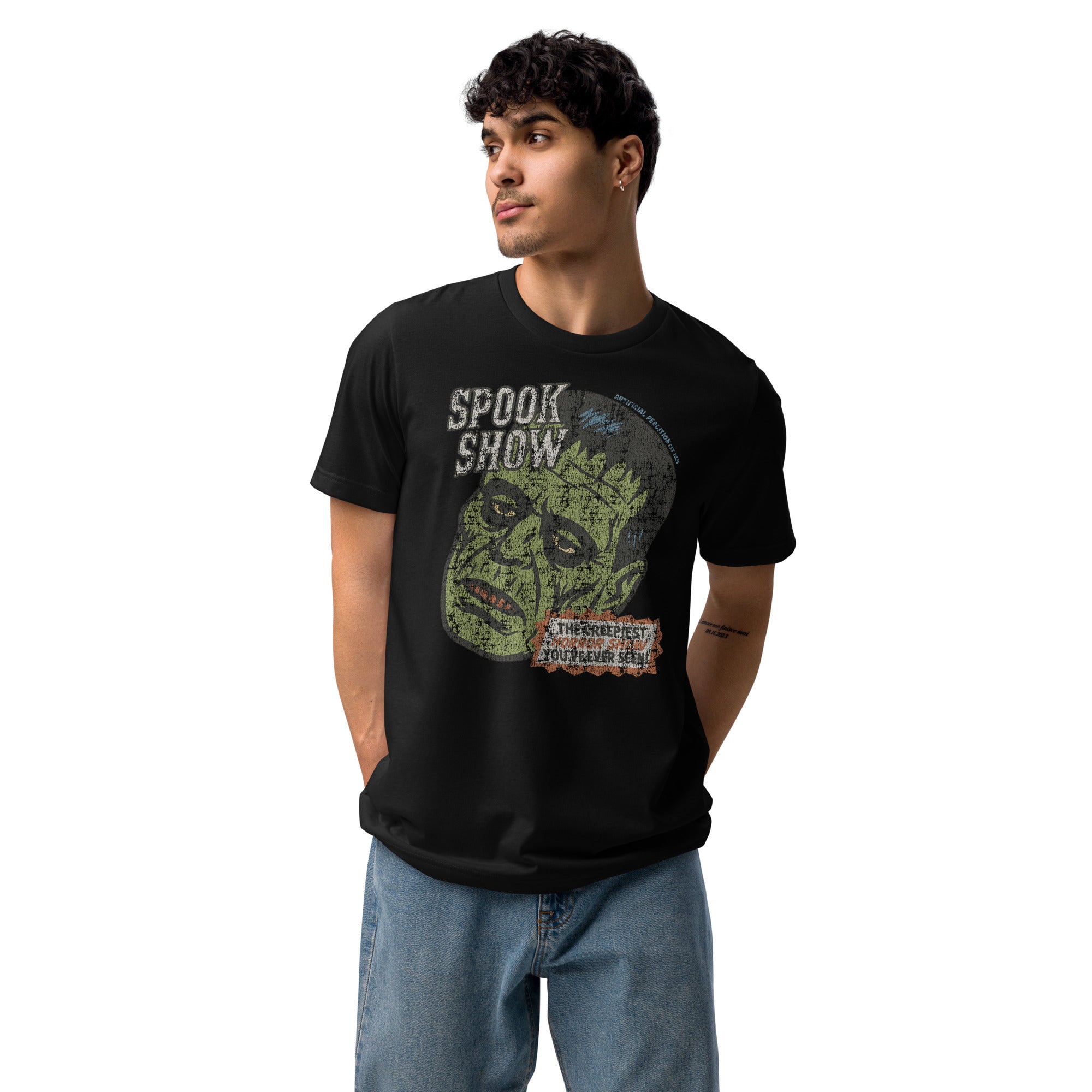 Man wearing a distressed Frankenstein head with “Spook Show” on black tee.