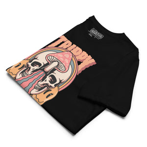 Split skull and mushroom design with melting psychedelic flow and smiley faces. Soft recycled tee with eco-friendly inks. Trippy, liminal, bold.