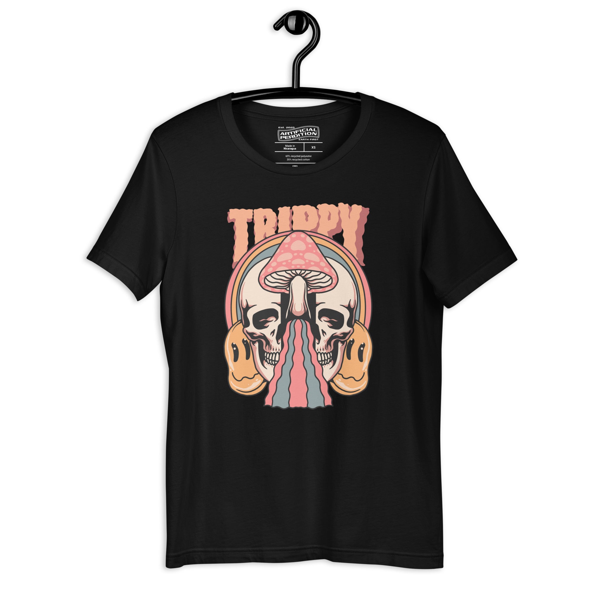 Split skull and mushroom design with melting psychedelic flow and smiley faces. Soft recycled tee with eco-friendly inks. Trippy, liminal, bold.