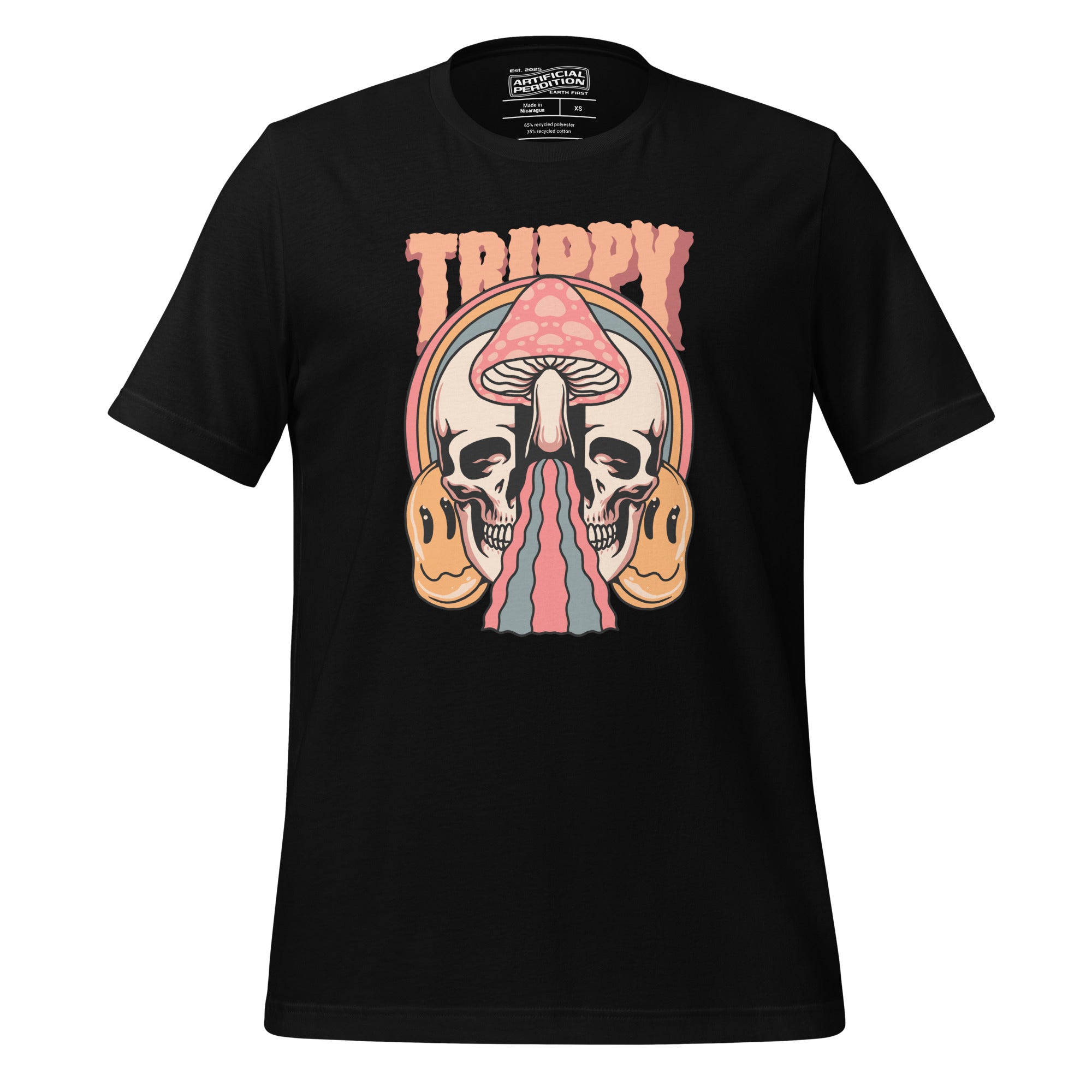 Split skull and mushroom design with melting psychedelic flow and smiley faces. Soft recycled tee with eco-friendly inks. Trippy, liminal, bold.