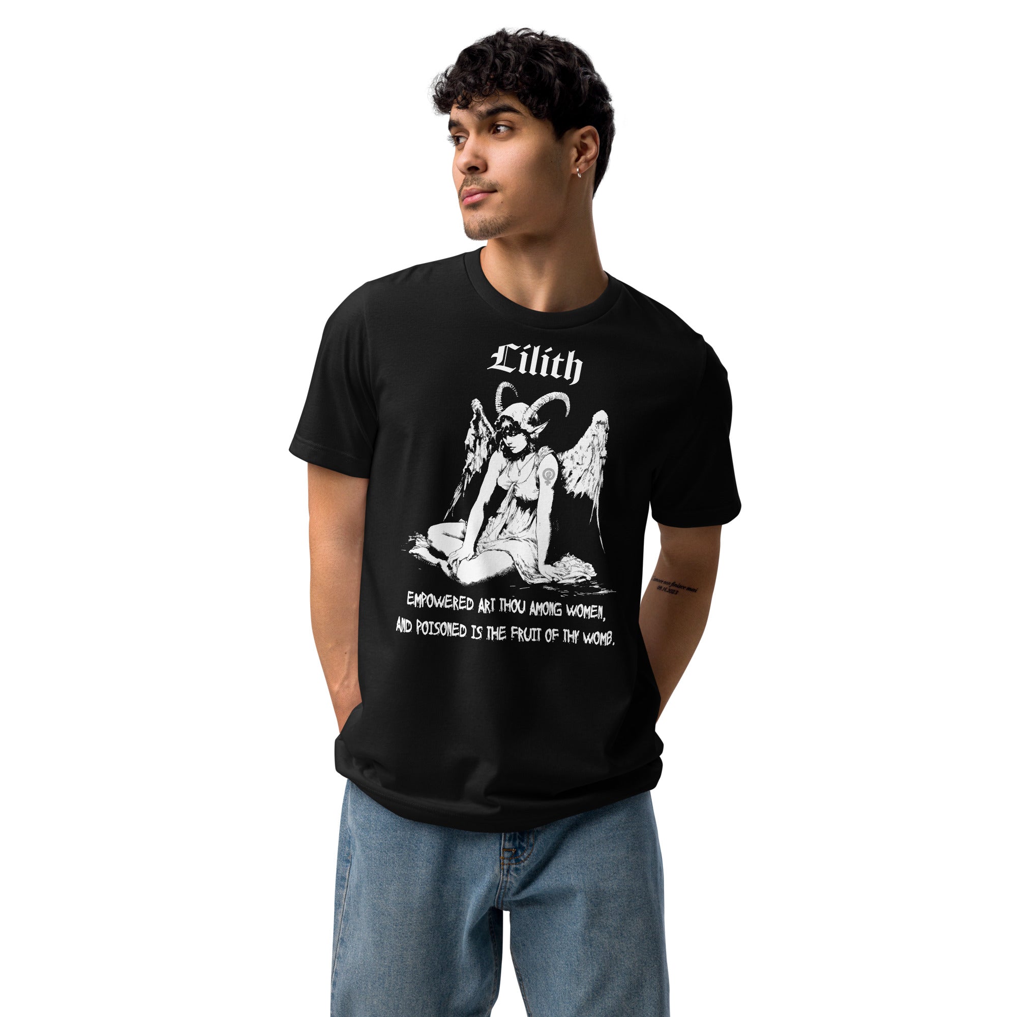 Black recycled t-shirt featuring a horned and winged Lilith illustration in black and white with gothic text below.