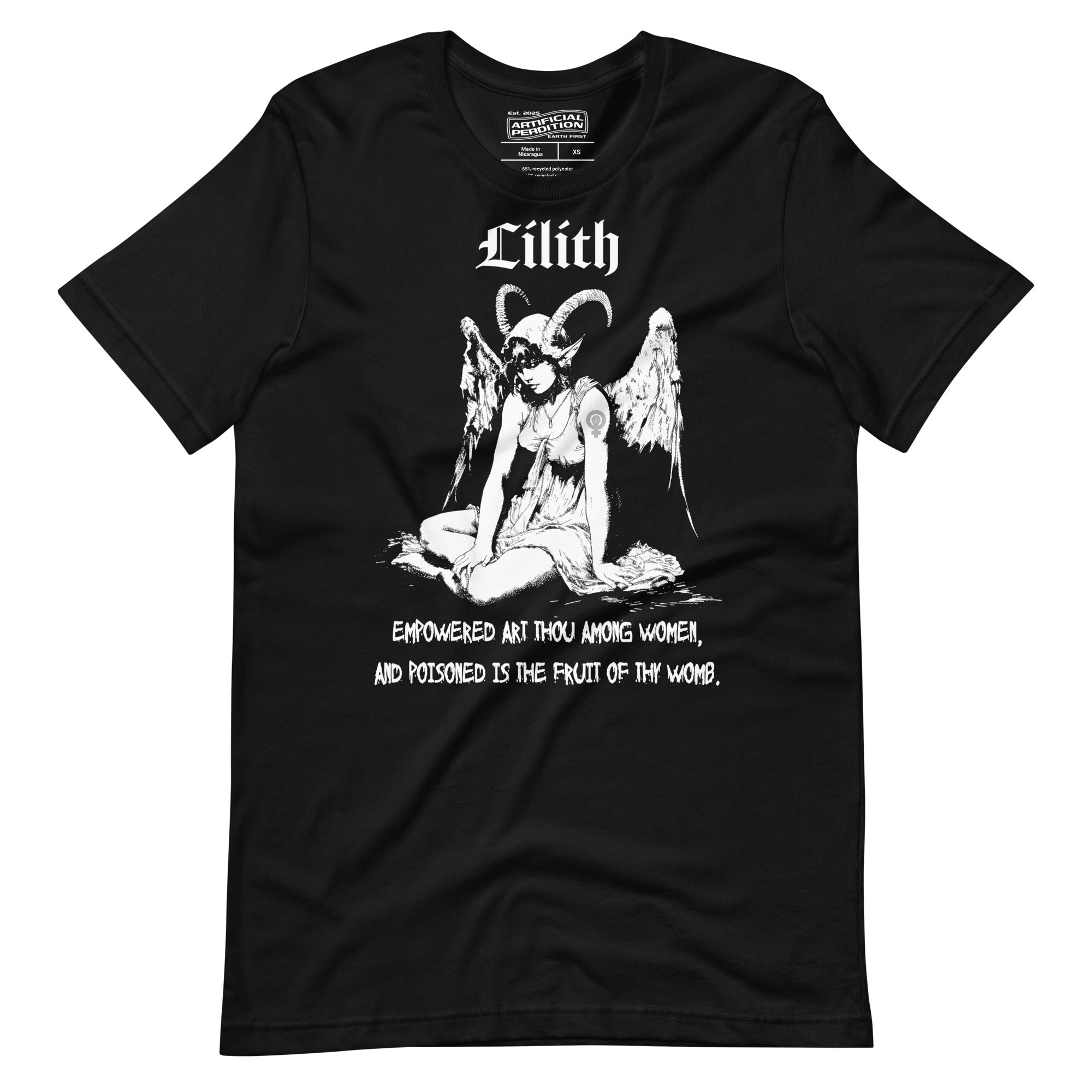 Black recycled t-shirt featuring a horned and winged Lilith illustration in black and white with gothic text below.