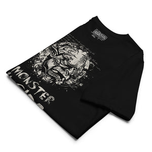 Black recycled t-shirt featuring a horned monster inside a ritual circle with fragmented script and “Monster Inside” text.