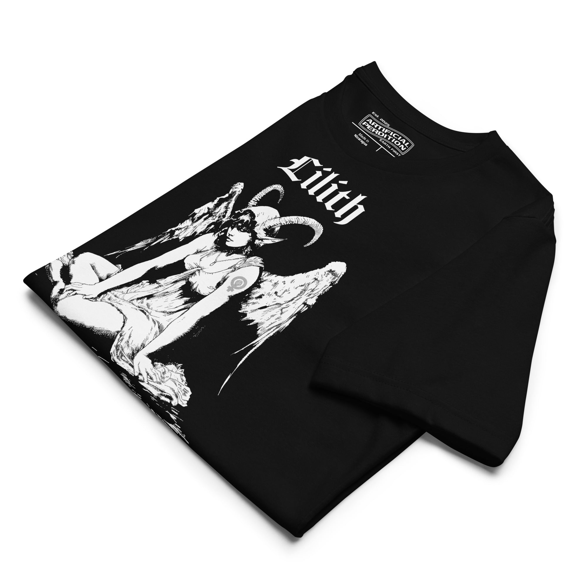 Black recycled t-shirt featuring a horned and winged Lilith illustration in black and white with gothic text below.