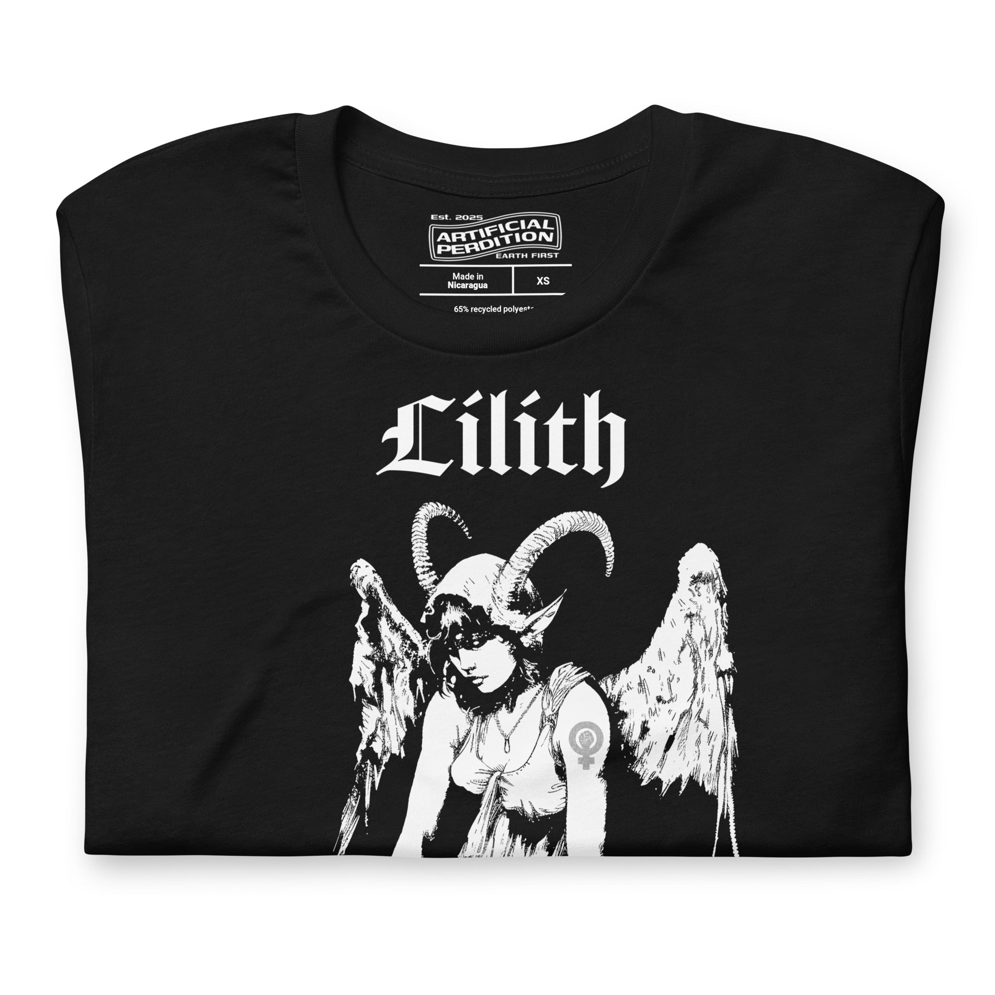 Black recycled t-shirt featuring a horned and winged Lilith illustration in black and white with gothic text below.