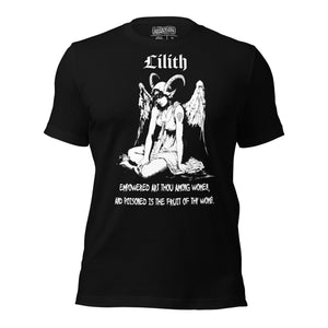 Black recycled t-shirt featuring a horned and winged Lilith illustration in black and white with gothic text below.