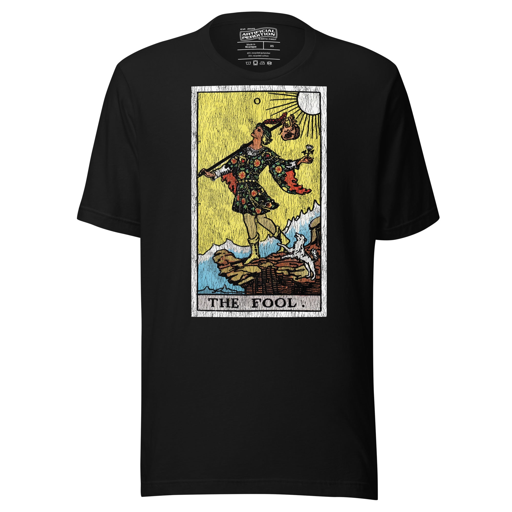 The Fool tarot card, figure at cliff's edge with staff and flower, dog at heel, vintage Rider-Waite engraving style, Artificial Perdition