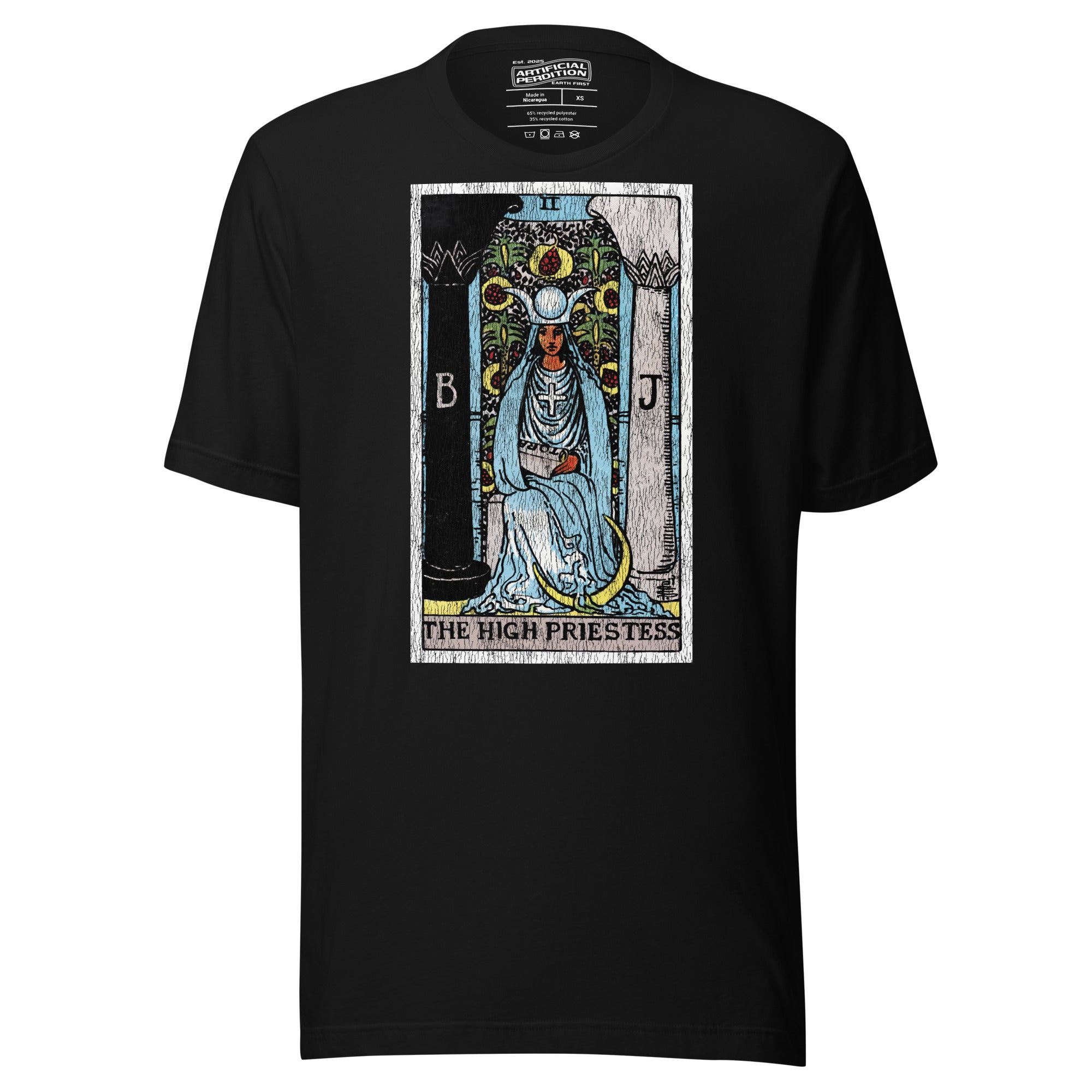 The High Priestess tarot card, robed figure seated between two pillars with scroll and crescent moon, Rider-Waite style, Artificial Perdition