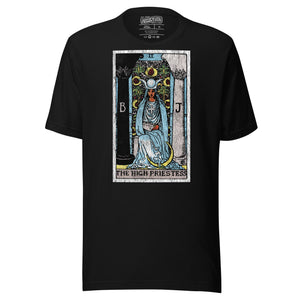 The High Priestess tarot card, robed figure seated between two pillars with scroll and crescent moon, Rider-Waite style, Artificial Perdition