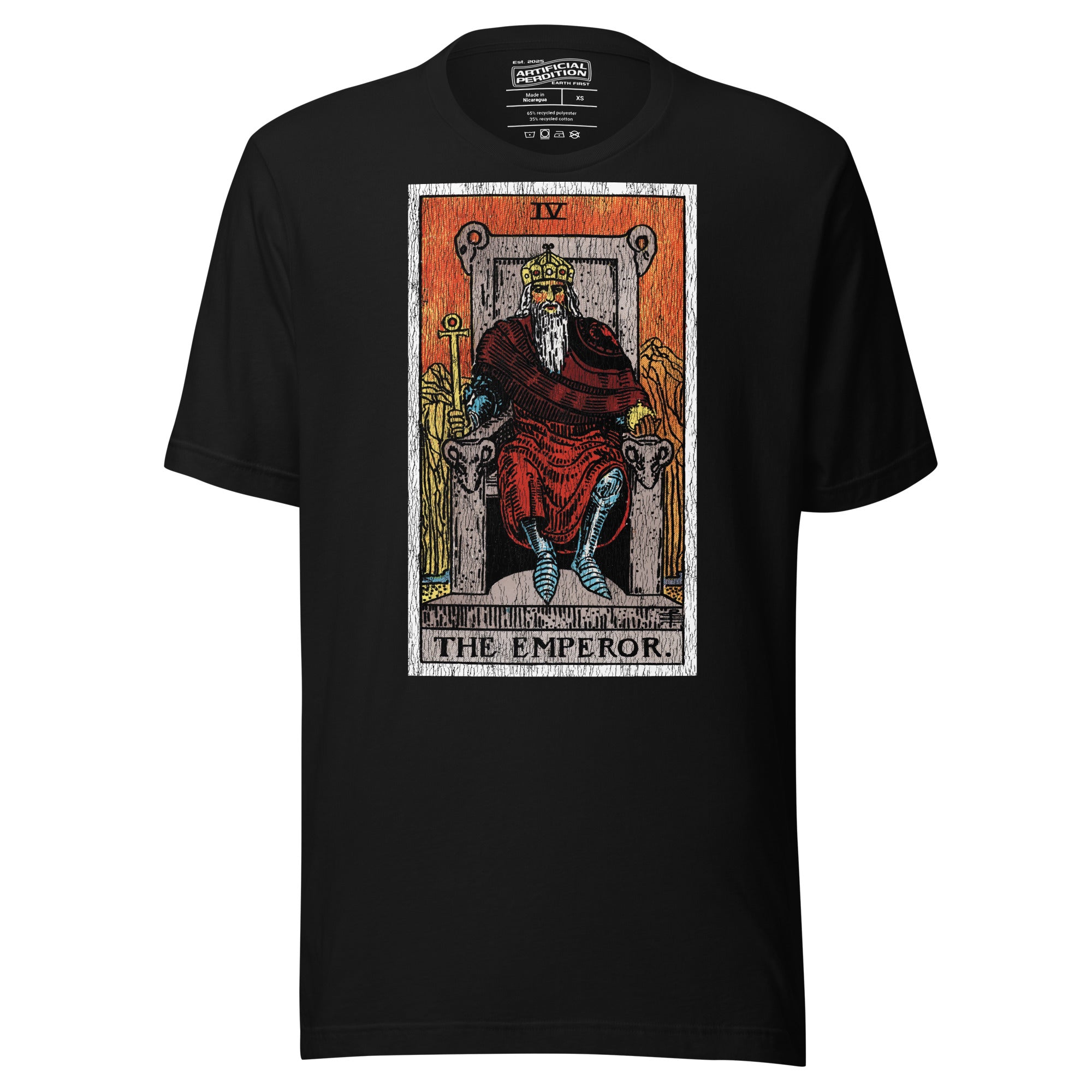 The Emperor tarot card, armored sovereign on ram-flanked throne with ankh sceptre and orb, Rider-Waite style, Artificial Perdition