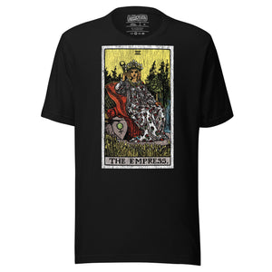 The Empress tarot card, crowned figure enthroned with Venus shield and scepter, wheat field and forest behind her, Rider-Waite style, Artificial Perdition