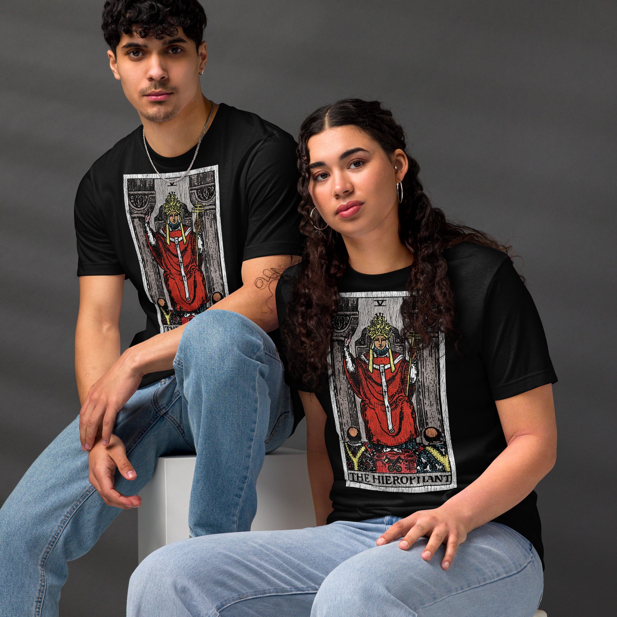 The Hierophant tarot card, triple-crowned figure seated between pillars with crossed keys and kneeling acolytes, Rider-Waite style, Artificial PerditionProduct mockup