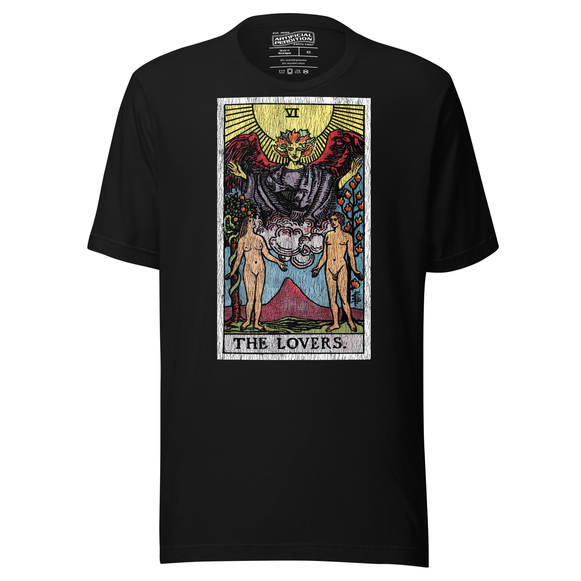 The Lovers tarot card, unveiled man and woman beneath winged figure with Tree of Life and serpent-wrapped Tree of Knowledge, Rider-Waite style, Artificial Perdition