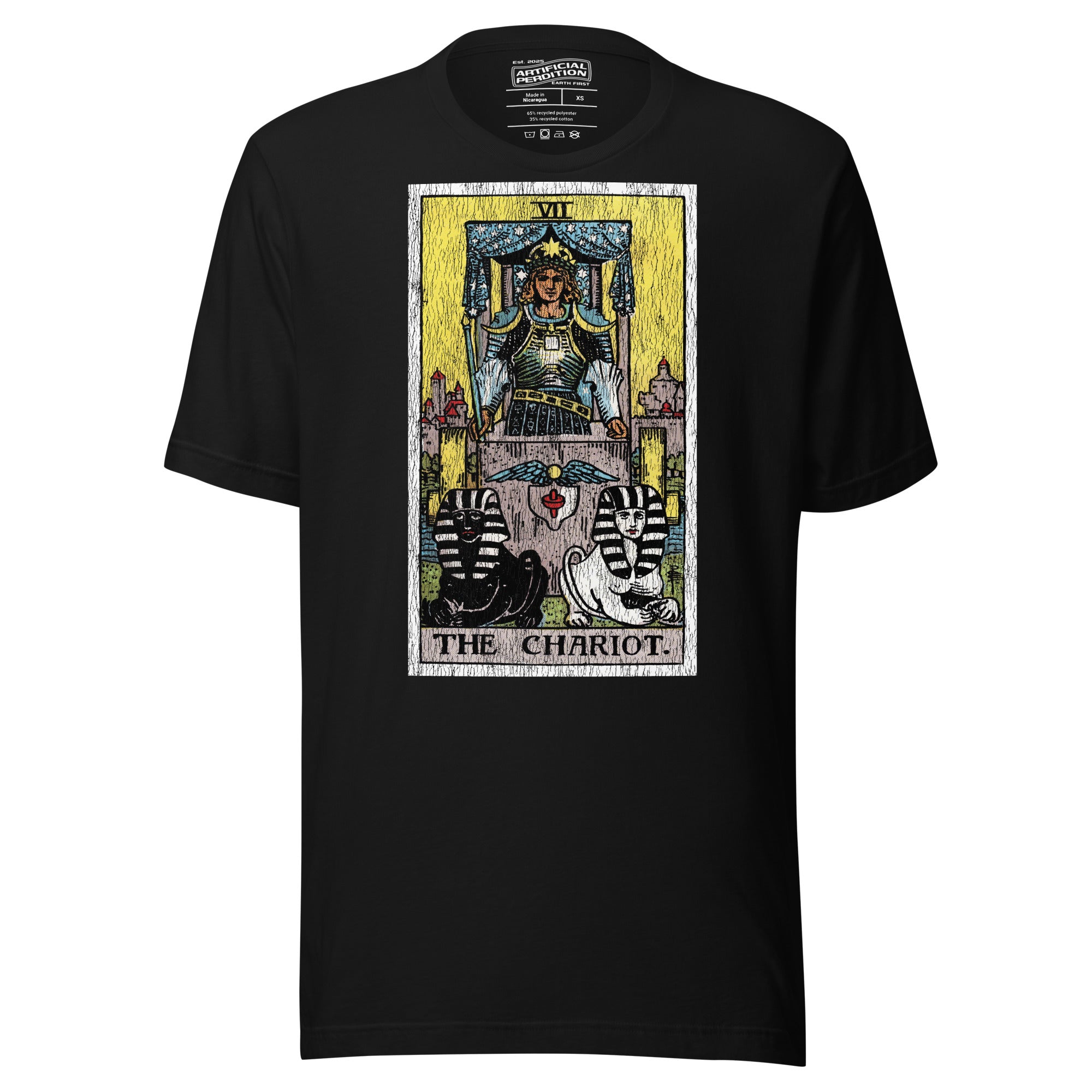 The Chariot tarot card, armored figure with starred crown riding chariot drawn by black and white sphinxes, city walls behind, Rider-Waite style, Artificial Perdition