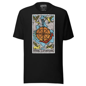 Wheel of Fortune tarot card, sphinx atop a turning wheel flanked by four creatures, Rider-Waite style, Artificial Perdition