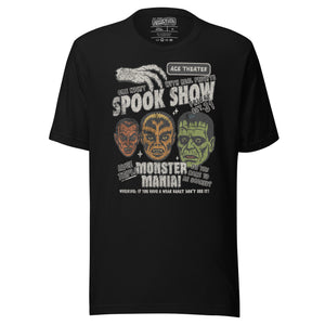 Vintage spook show poster style back print with three classic monster faces and Midnight Spook Show text, retro Halloween design, Artificial Perdition apparel