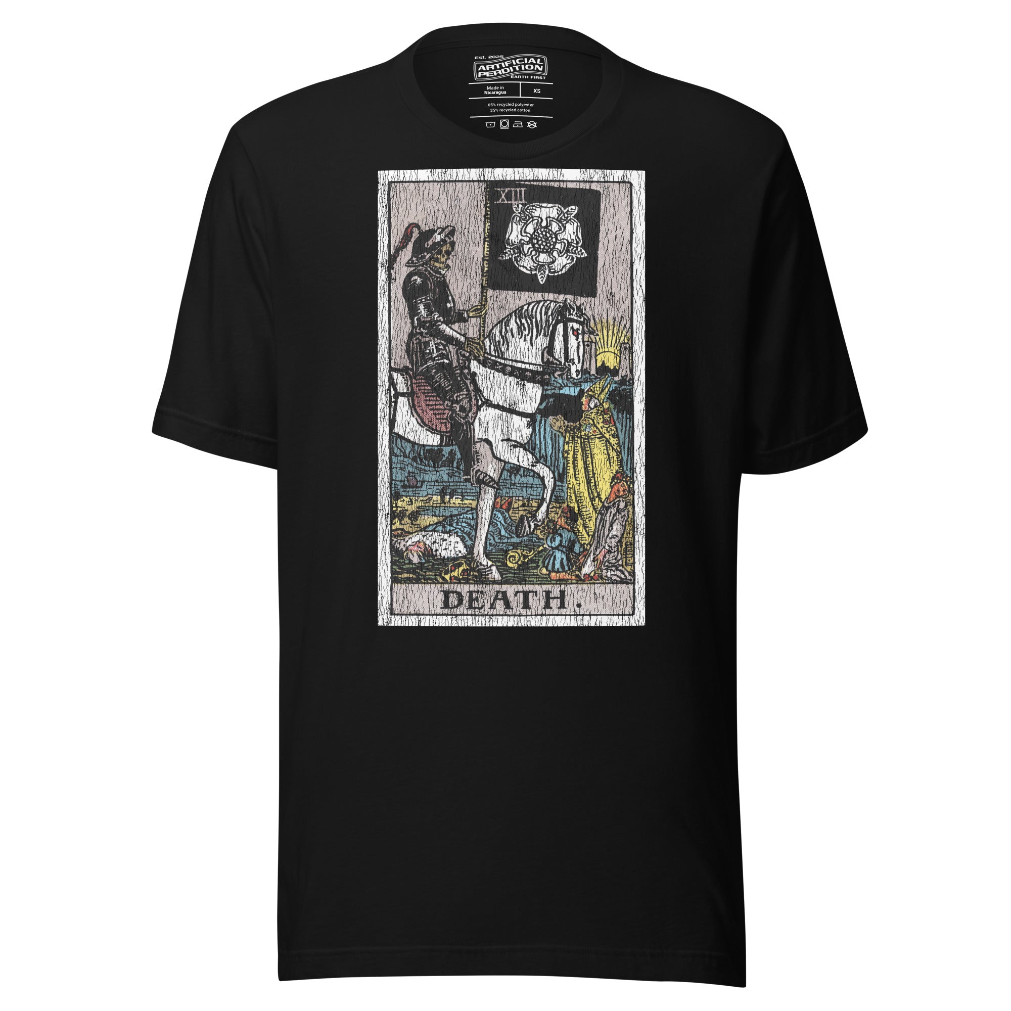 Death tarot card, skeletal horseman with black banner and white rose, figures fallen before him and sun rising on horizon, Rider-Waite style, Artificial Perdition