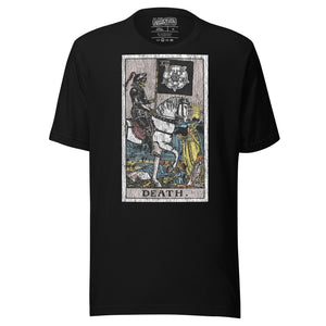 Death tarot card, skeletal horseman with black banner and white rose, figures fallen before him and sun rising on horizon, Rider-Waite style, Artificial Perdition