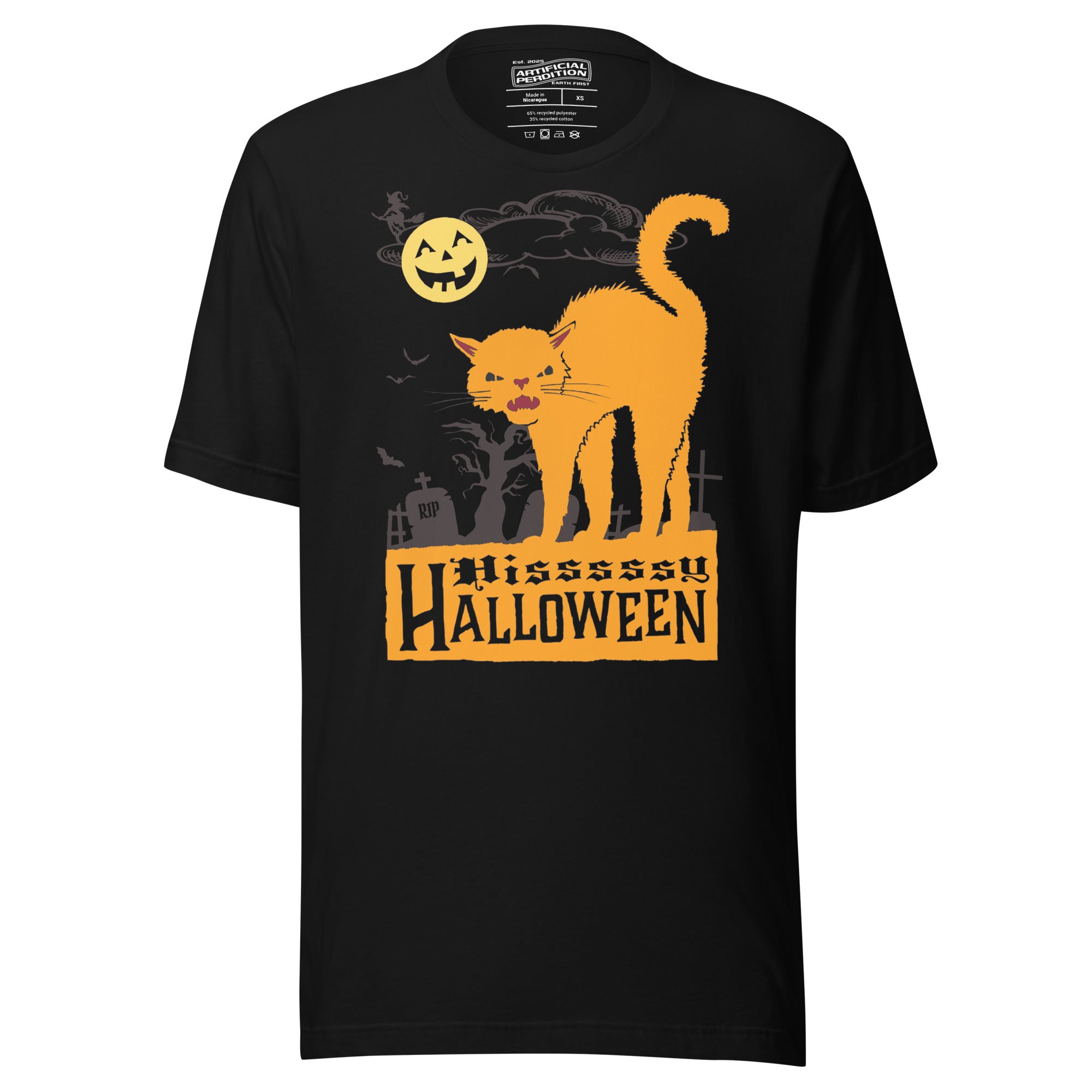 Orange arched Halloween cat hissing in graveyard scene with jack-o-lantern moon and bats, vintage poster style, Hissy Halloween, Artificial Perdition apparel