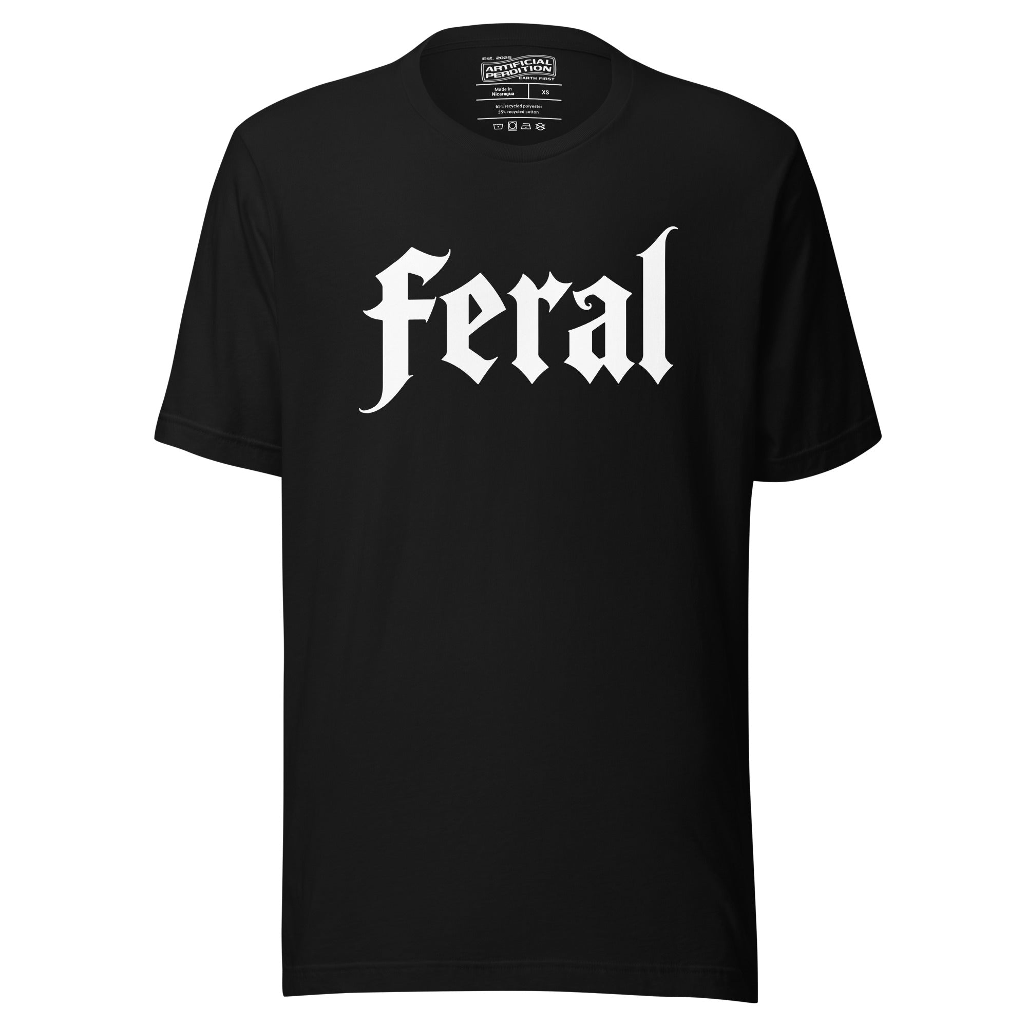 Feral in white blackletter font on dark heather grey t-shirt, bold single word graphic design, Artificial Perdition apparel
