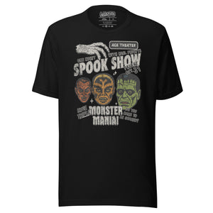 Vintage spook show poster front print with three classic monster faces, Ace Theater and Monster Mania text, distressed style on black, Artificial Perdition apparel