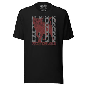 Snarling cat breaking through chains with UNGOVERNABLE text, dithered halftone red on cream, Artificial Perdition apparel