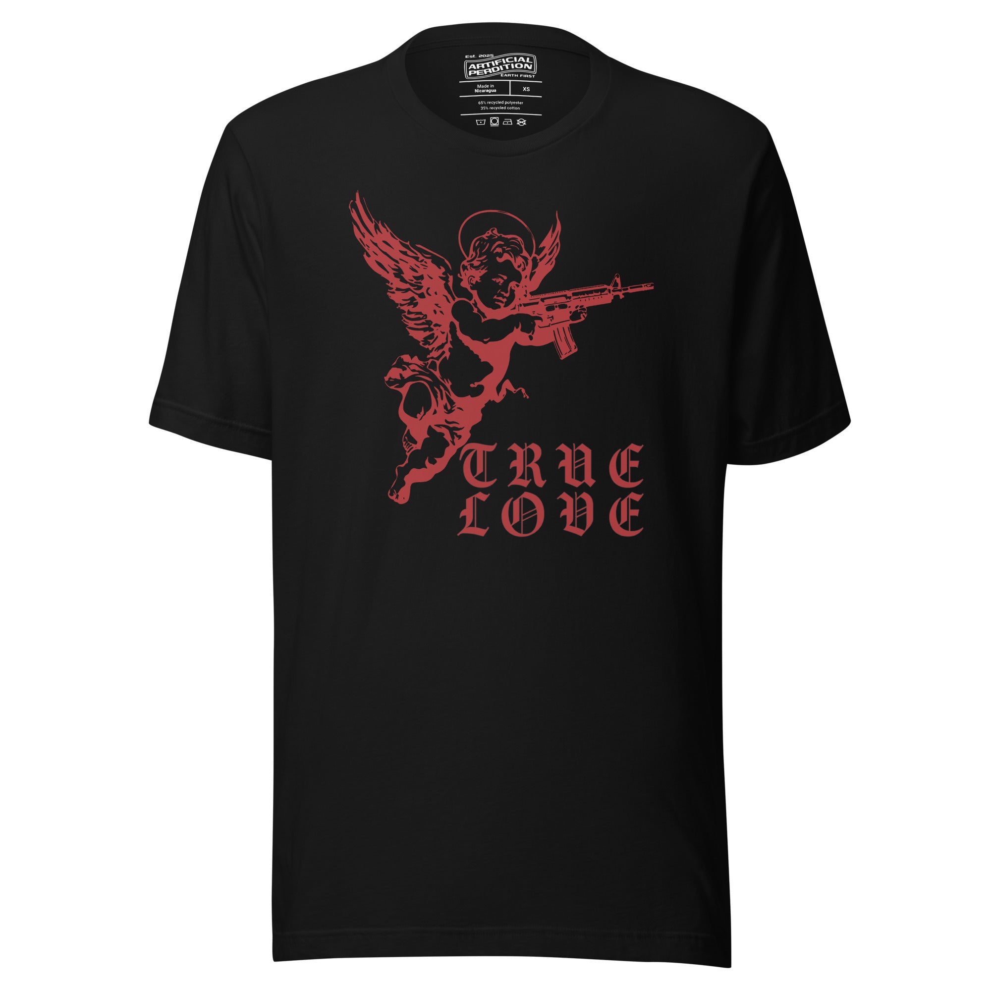 The cherub traded the bow for something heavier. True Love was never gentle. Dark irony apparel from Artificial Perdition.