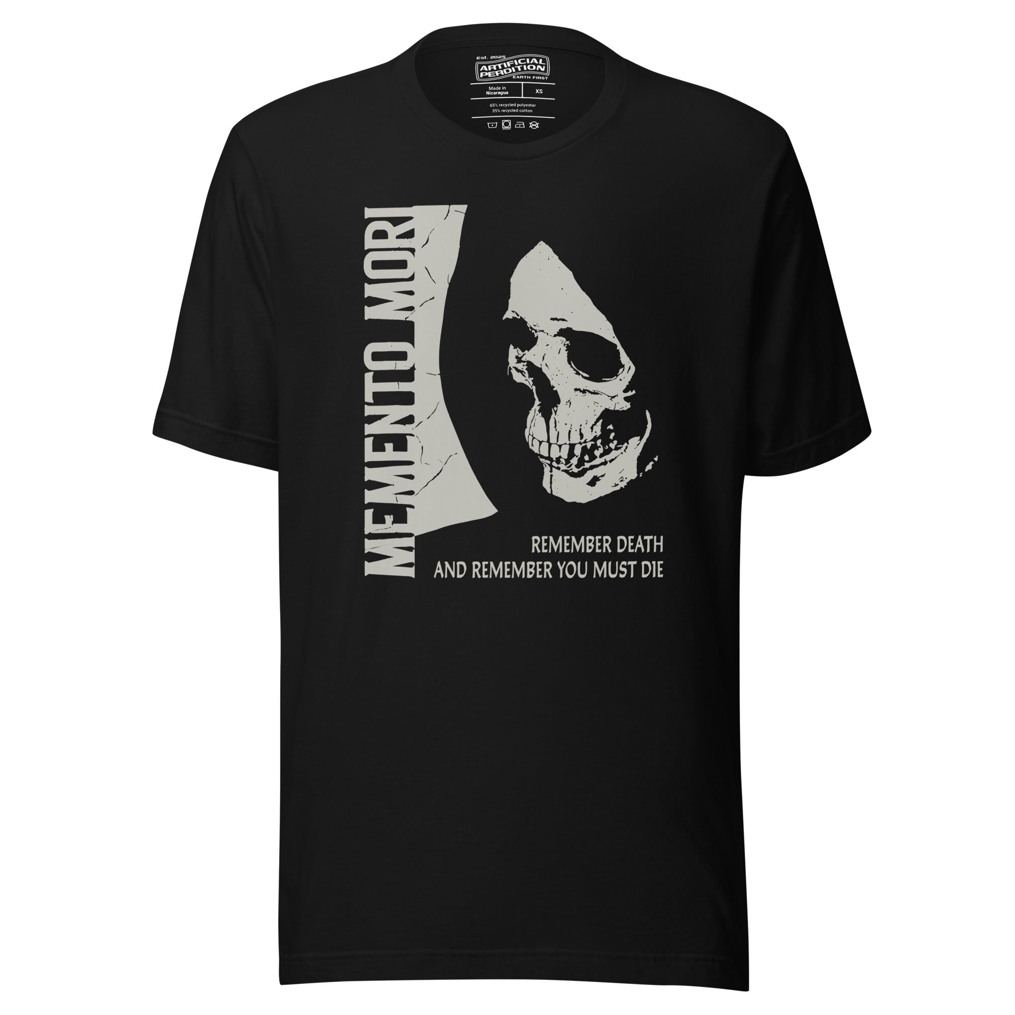 Cracked skull illustration in tombstone grey with vertical Memento Mori text and Remember Death translation, Artificial Perdition apparel