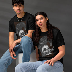 Graphite illustration of a black corvid perched on a human skull removing the eye, sprouting branch beside it, Last Look, Artificial Perdition apparelProduct mockup
