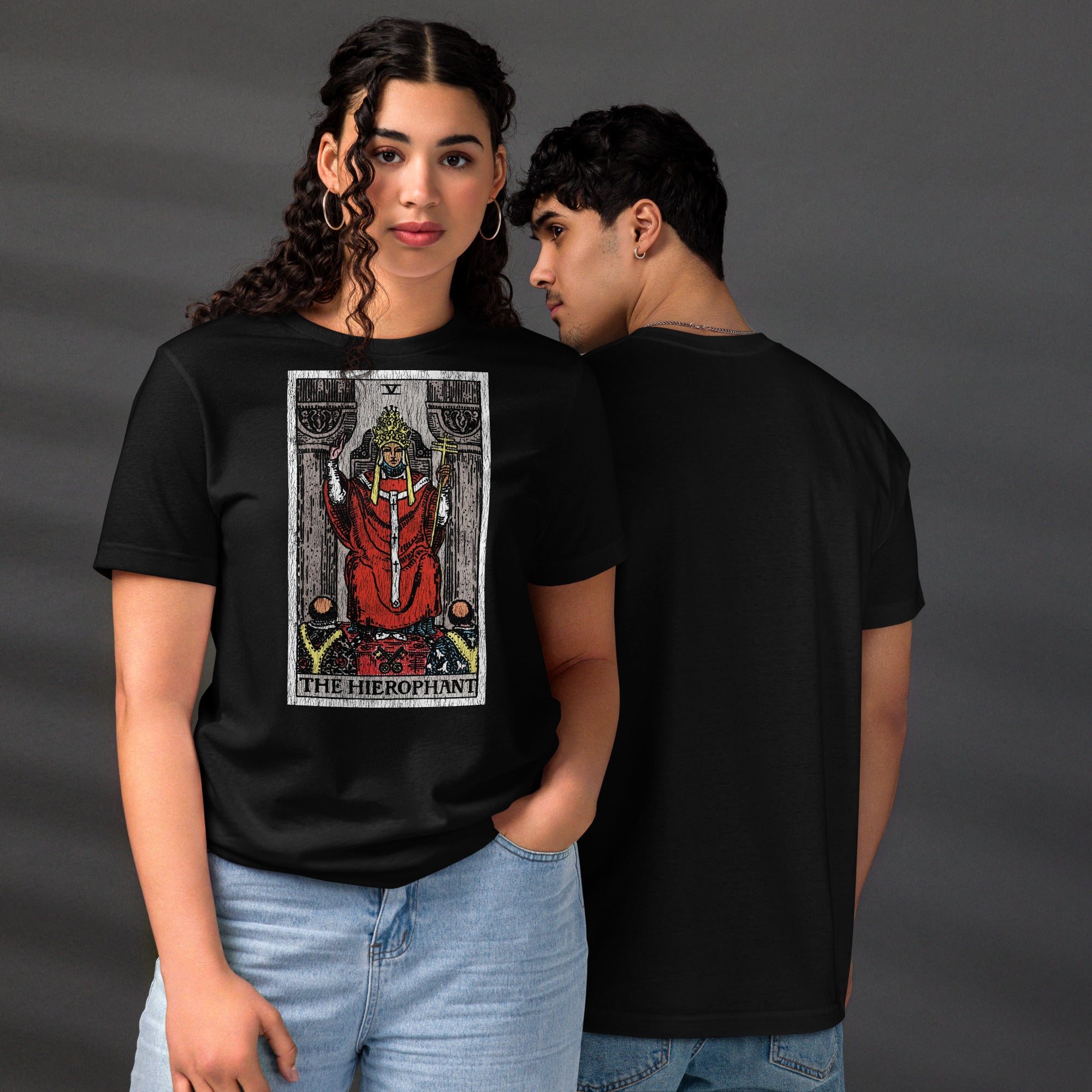 The Hierophant tarot card, triple-crowned figure seated between pillars with crossed keys and kneeling acolytes, Rider-Waite style, Artificial Perdition