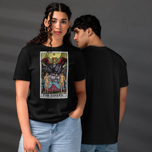 The Lovers tarot card, unveiled man and woman beneath winged figure with Tree of Life and serpent-wrapped Tree of Knowledge, Rider-Waite style, Artificial Perdition