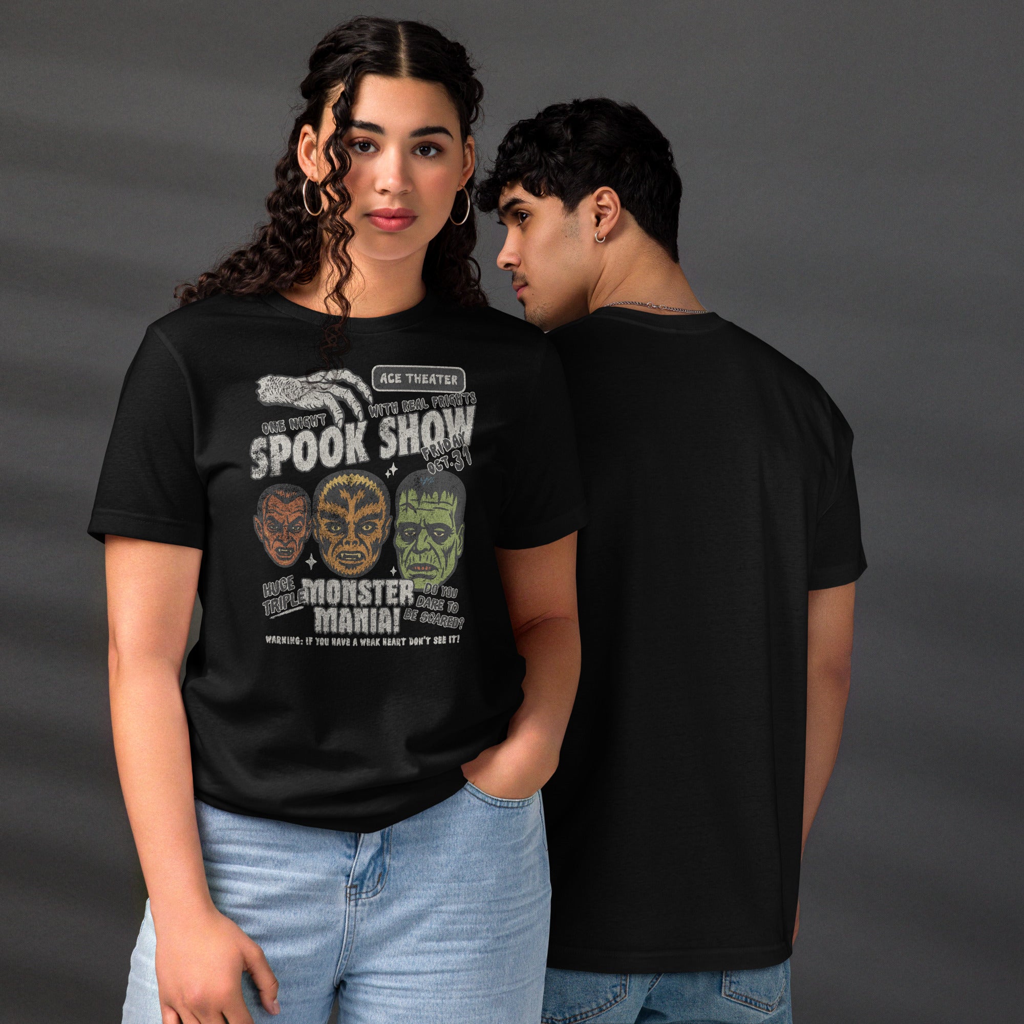 Vintage spook show poster style back print with three classic monster faces and Midnight Spook Show text, retro Halloween design, Artificial Perdition apparel