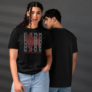 Snarling cat breaking through chains with UNGOVERNABLE text, dithered halftone red on cream, Artificial Perdition apparel