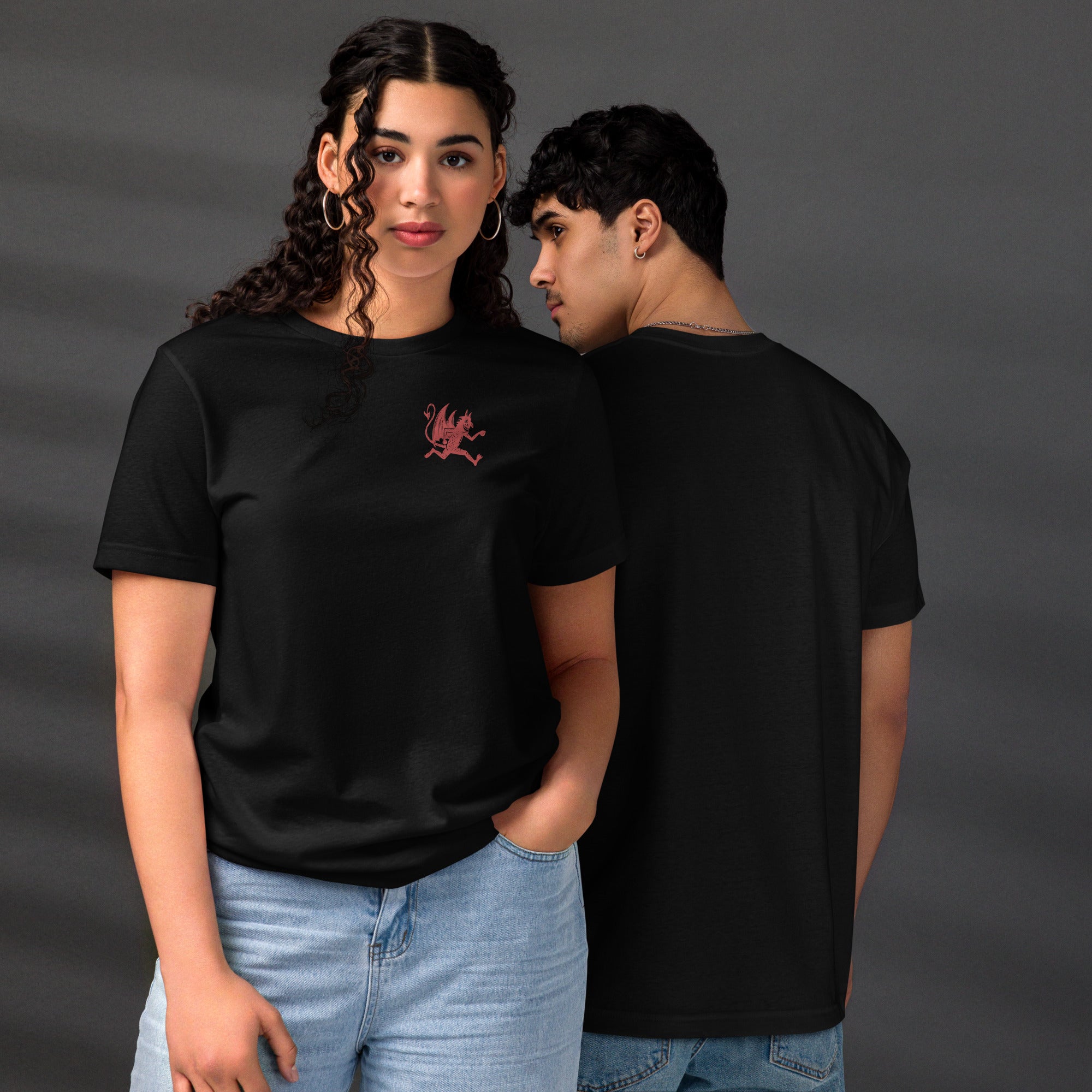 Artificial Perdition devil mascot, red illustrated devil mid-stride with trident and brand name, hand-drawn style on black, official logo tee