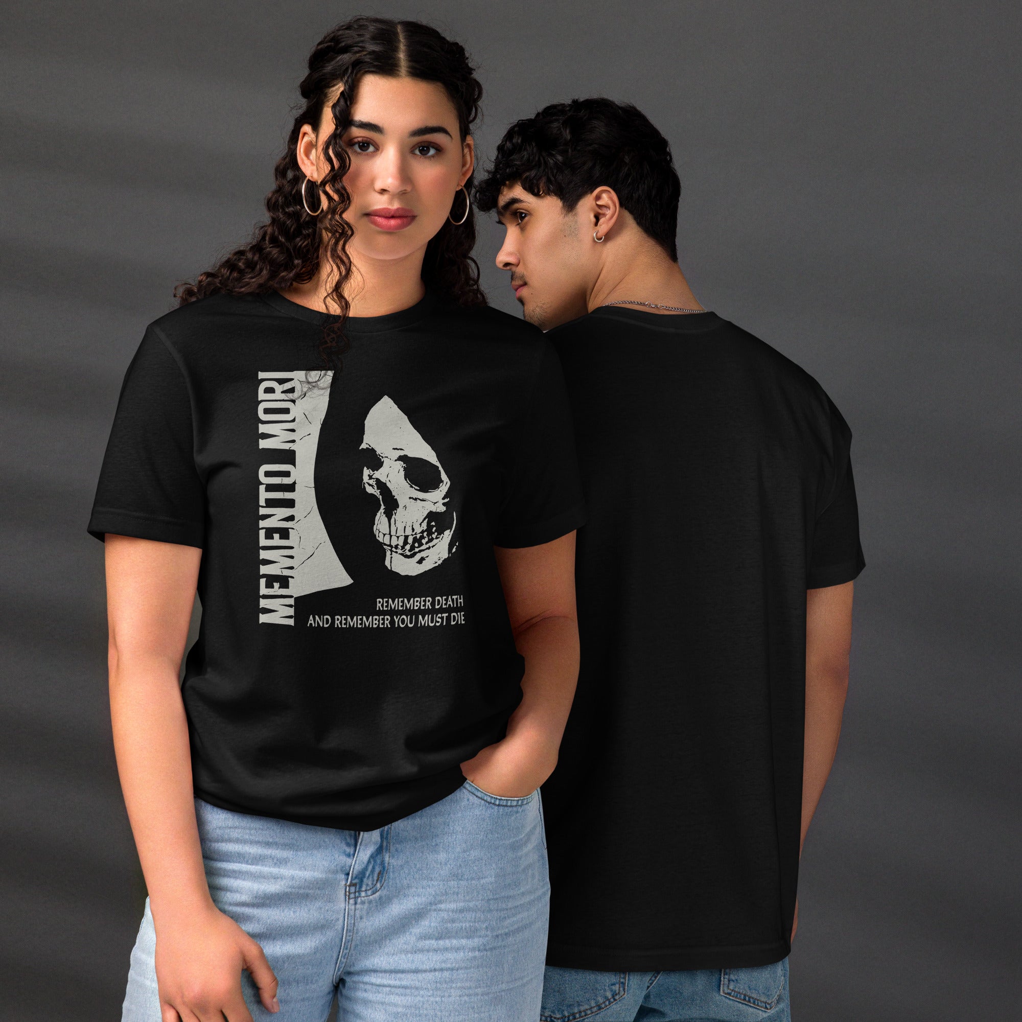 Cracked skull illustration in tombstone grey with vertical Memento Mori text and Remember Death translation, Artificial Perdition apparel