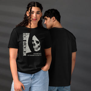 Cracked skull illustration in tombstone grey with vertical Memento Mori text and Remember Death translation, Artificial Perdition apparel
