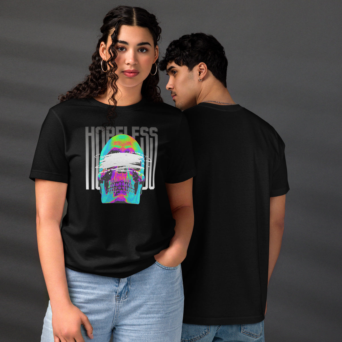A blindfolded skull in thermal color, bold chrome lettering. Hopeless is a choice, not a diagnosis. Dark apparel from Artificial Perdition.