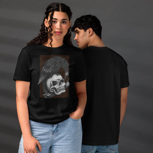 Graphite illustration of a black corvid perched on a human skull removing the eye, sprouting branch beside it, Last Look, Artificial Perdition apparel