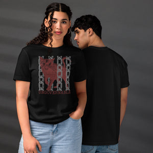 Product mockupSnarling cat breaking through chains with UNGOVERNABLE text, dithered halftone red on cream, Artificial Perdition apparel