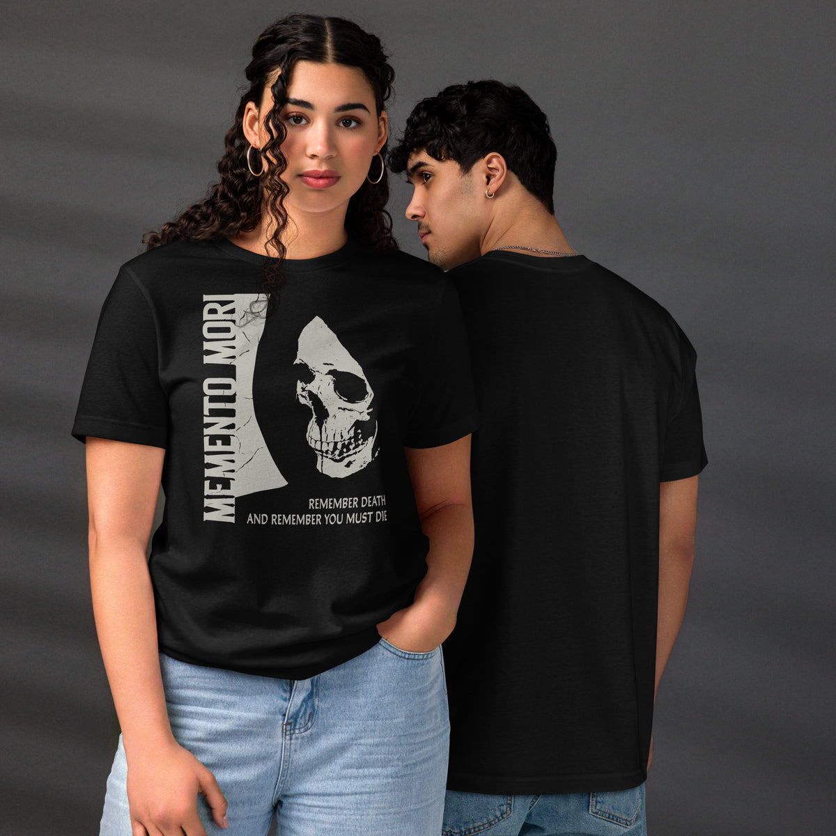 Cracked skull illustration in tombstone grey with vertical Memento Mori text and Remember Death translation, Artificial Perdition apparel