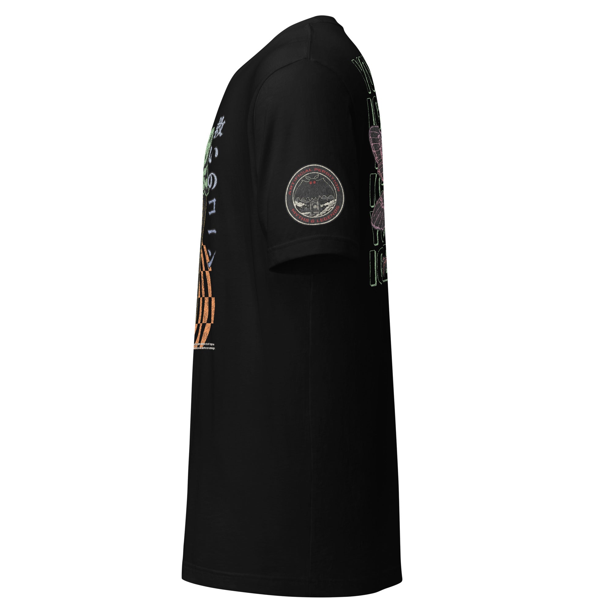 The front of a black core tee featuring a circular badge of Mothman over a bridge with the words "artificial perdition | myths and legends," on the left sleeve.