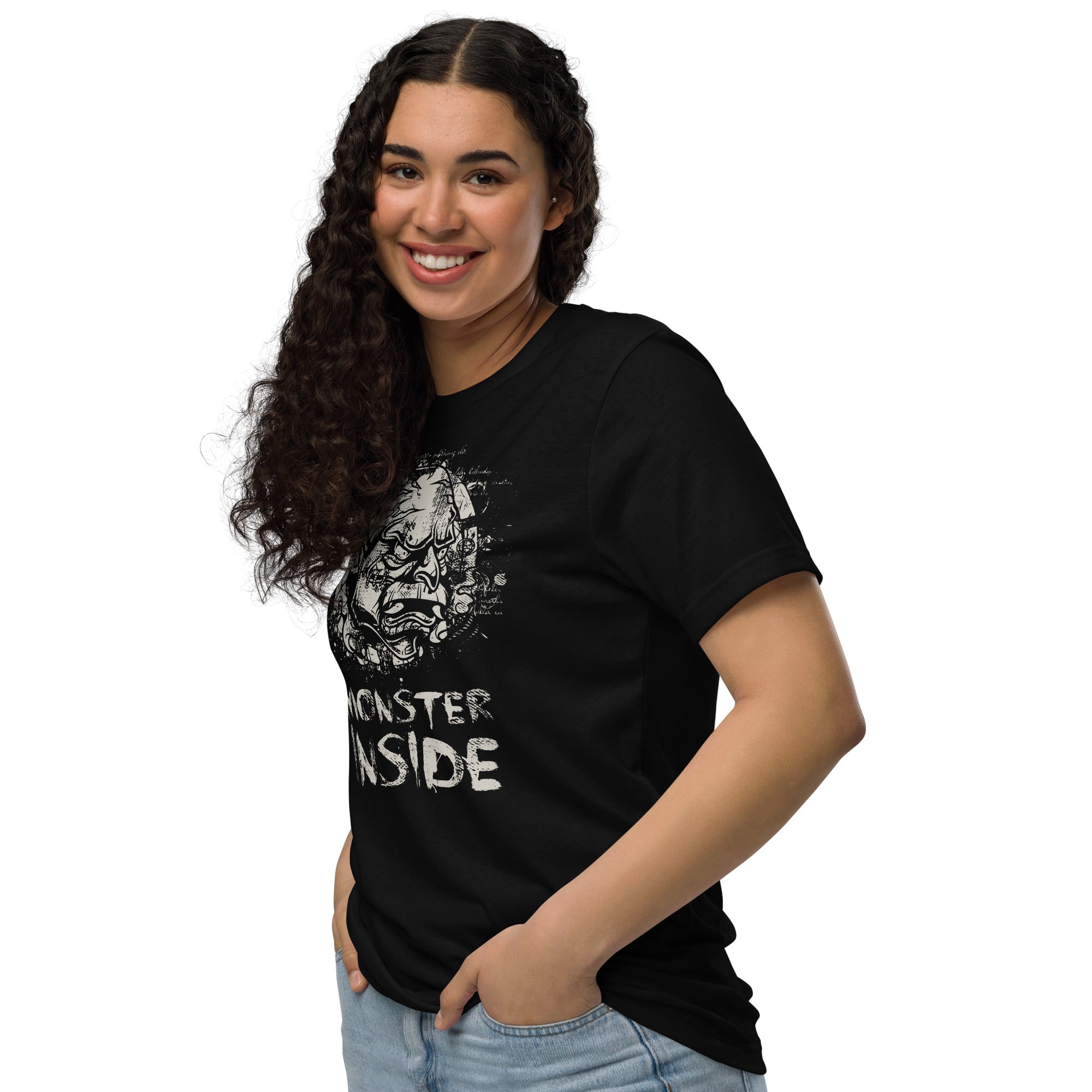 Black recycled t-shirt featuring a horned monster inside a ritual circle with fragmented script and “Monster Inside” text.