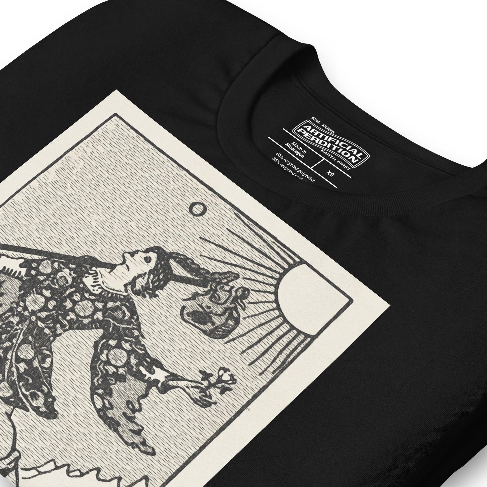 Recycled blend t-shirt featuring The Fool tarot card, showing a traveler at a cliff edge with a dog and rising sun in a modern woodcut style.