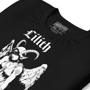 Black recycled t-shirt featuring a horned and winged Lilith illustration in black and white with gothic text below.